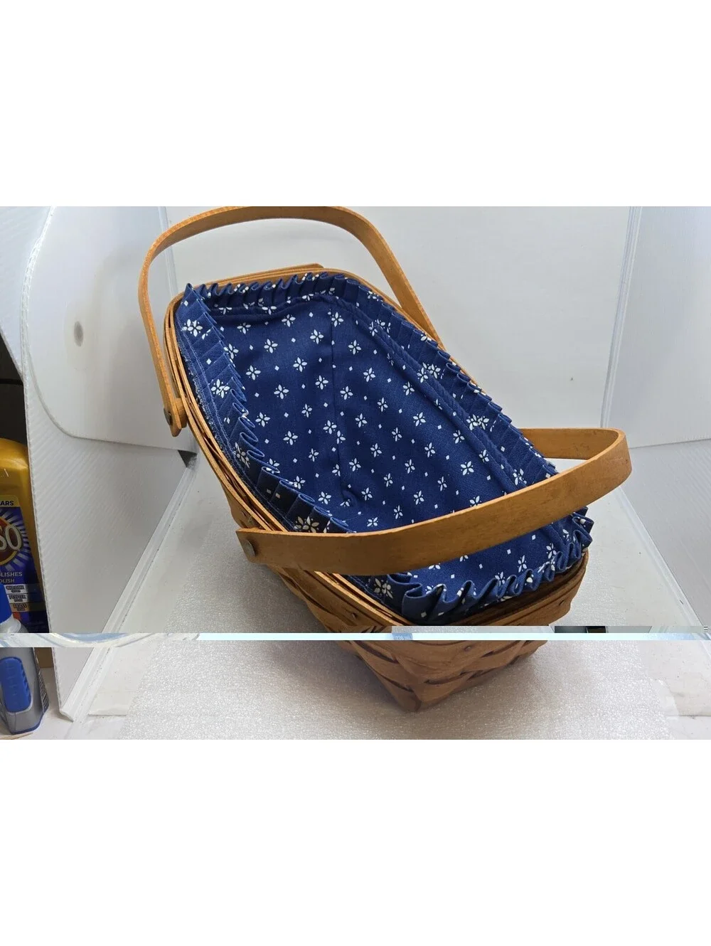 1990 LONGABERGER Medium Vegetable Basket w/Handles & Blue Fabric Liner No Insert